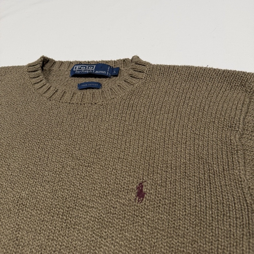 VTG 90s Polo Ralph Lauren Chunky Shaker Knit Sweater Mens Large Brown Cotton - Picture 2 of 6